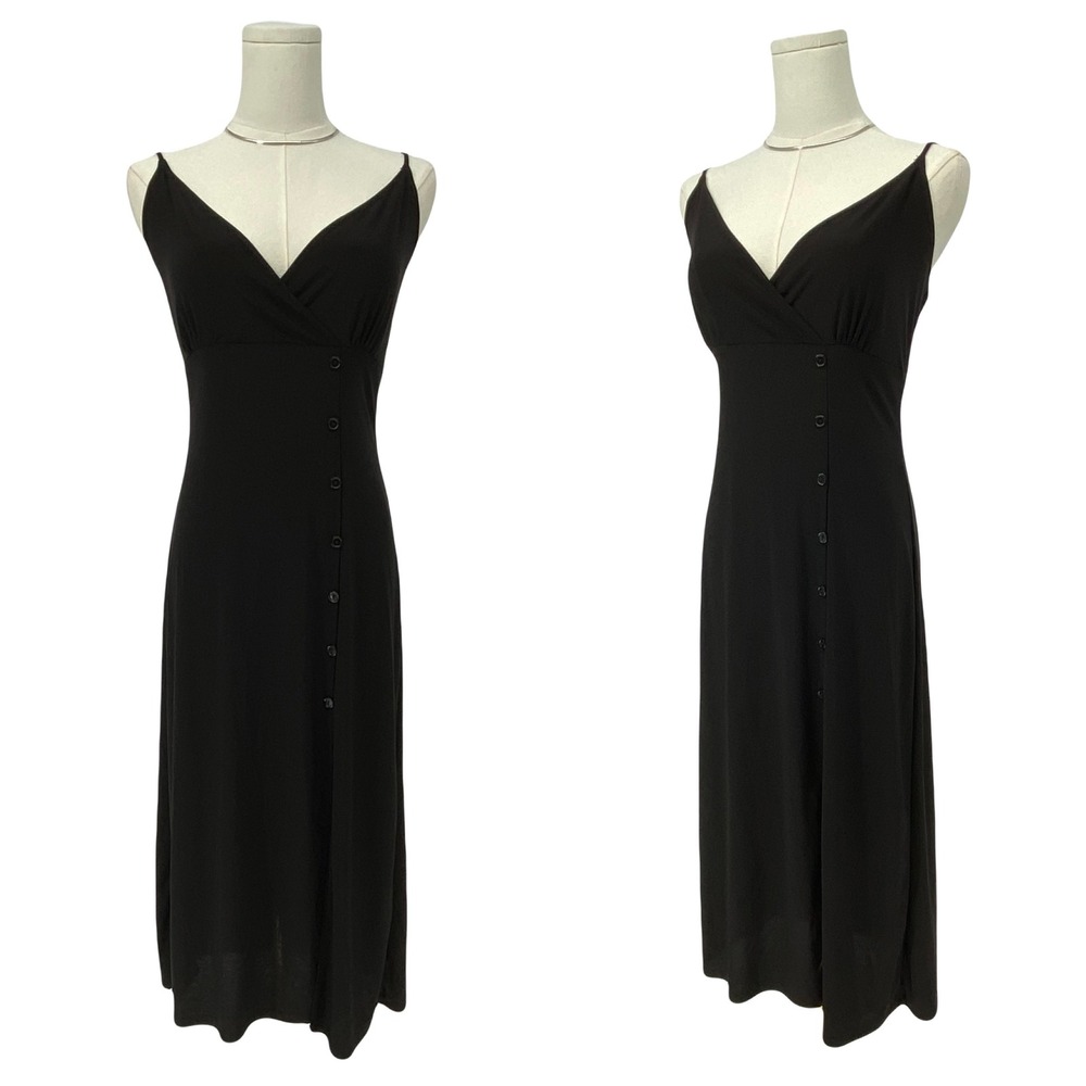 Vintage 90s Black Midi Dress Faux Wrap Bodice Button Detail Grunge Minimal
